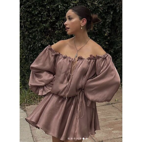 HOUSE OF CB Chaya Off Shoulder Dress in Hazelnut Size Small - Picture 16 of 16